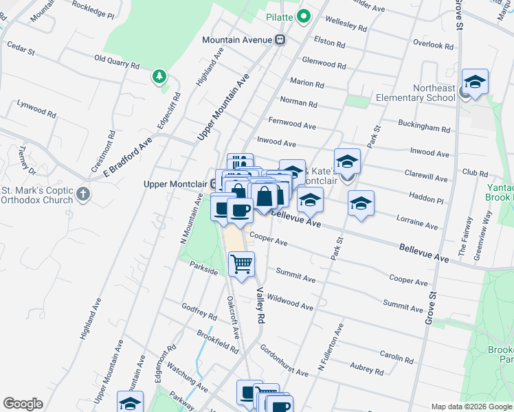 map of restaurants, bars, coffee shops, grocery stores, and more near 204 Bellevue Avenue in Montclair