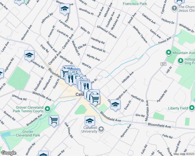 map of restaurants, bars, coffee shops, grocery stores, and more near 22 Orchard Square in Caldwell