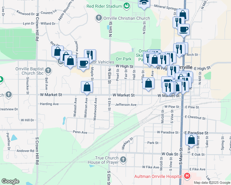 map of restaurants, bars, coffee shops, grocery stores, and more near 814 West Market Street in Orrville