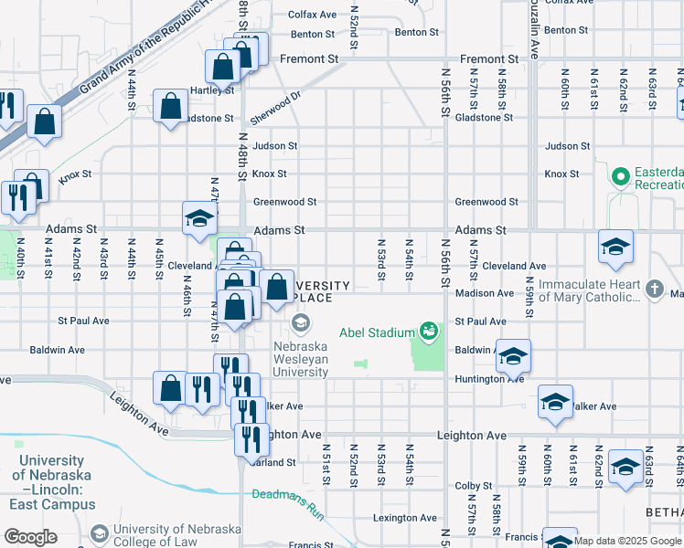 map of restaurants, bars, coffee shops, grocery stores, and more near 5110 Madison Avenue in Lincoln