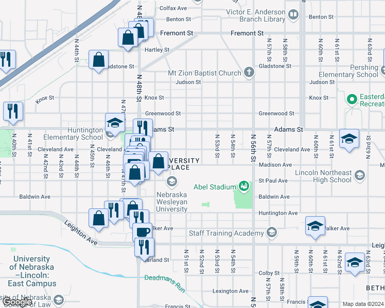 map of restaurants, bars, coffee shops, grocery stores, and more near 5110 Madison Avenue in Lincoln