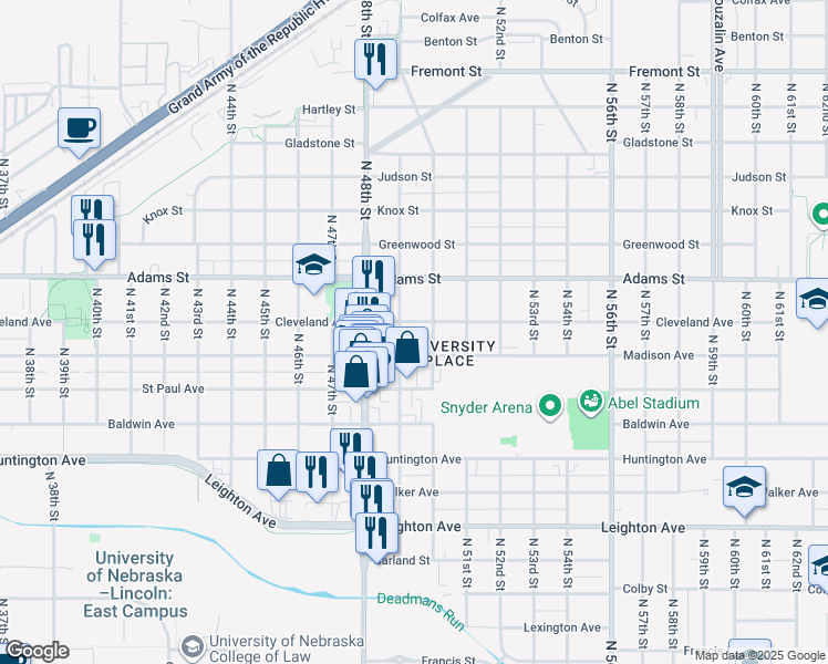 map of restaurants, bars, coffee shops, grocery stores, and more near 4842 Madison Avenue in Lincoln