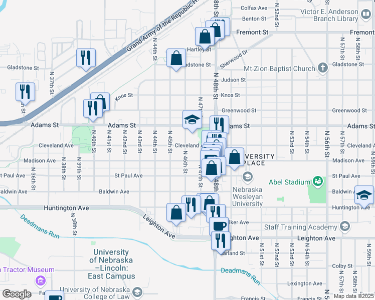 map of restaurants, bars, coffee shops, grocery stores, and more near 4626 Madison Avenue in Lincoln