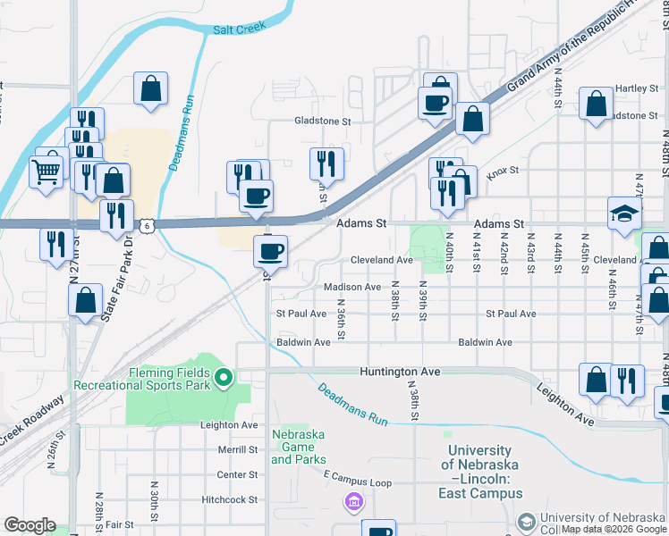 map of restaurants, bars, coffee shops, grocery stores, and more near 3618 Madison Avenue in Lincoln