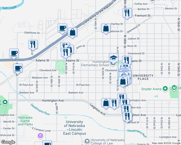 map of restaurants, bars, coffee shops, grocery stores, and more near 4306 Madison Avenue in Lincoln