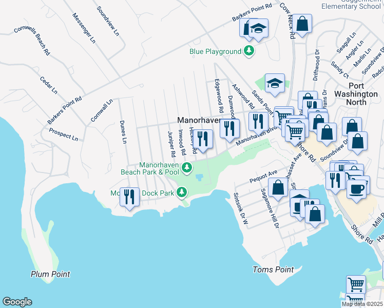 map of restaurants, bars, coffee shops, grocery stores, and more near 5 Hickory Road in Port Washington