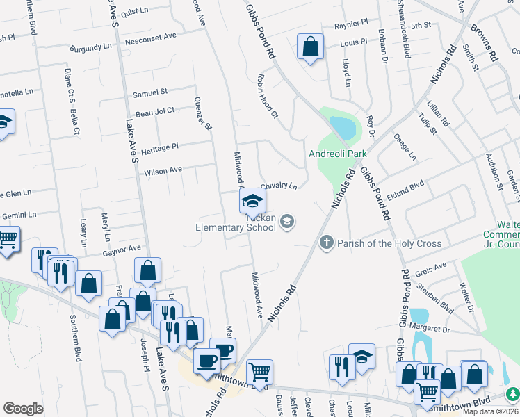 map of restaurants, bars, coffee shops, grocery stores, and more near 5 Cobblestone Court in Nesconset