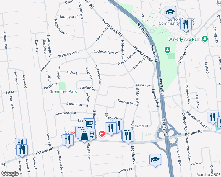 map of restaurants, bars, coffee shops, grocery stores, and more near 30 Linden Lane in Farmingville