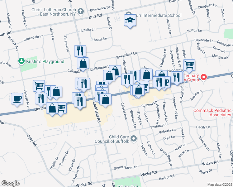 map of restaurants, bars, coffee shops, grocery stores, and more near 5052 Jericho Turnpike in Commack
