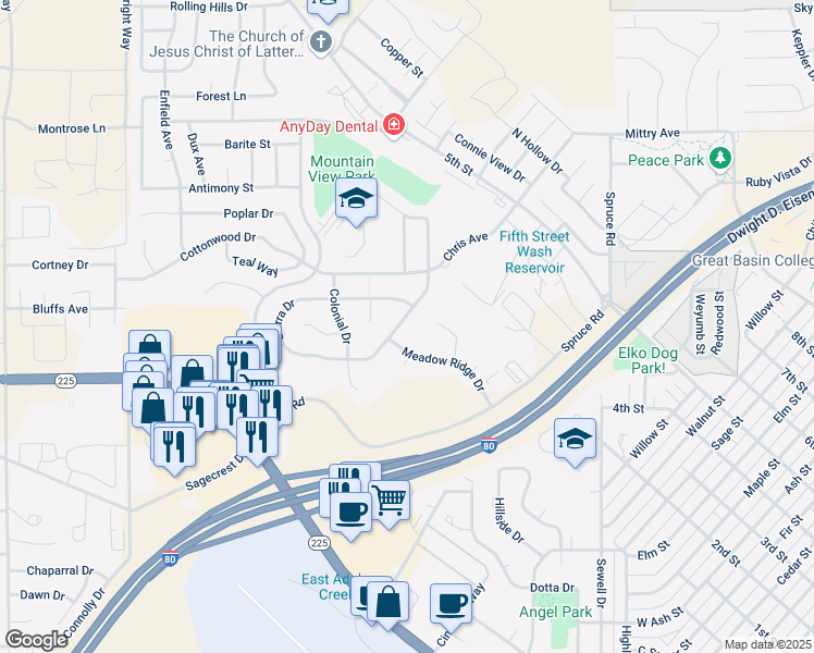 map of restaurants, bars, coffee shops, grocery stores, and more near 2150 Sierra Drive in Elko