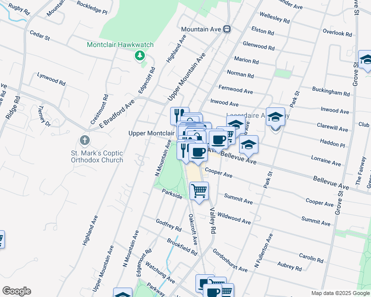 map of restaurants, bars, coffee shops, grocery stores, and more near 270 Bellevue Avenue in Montclair