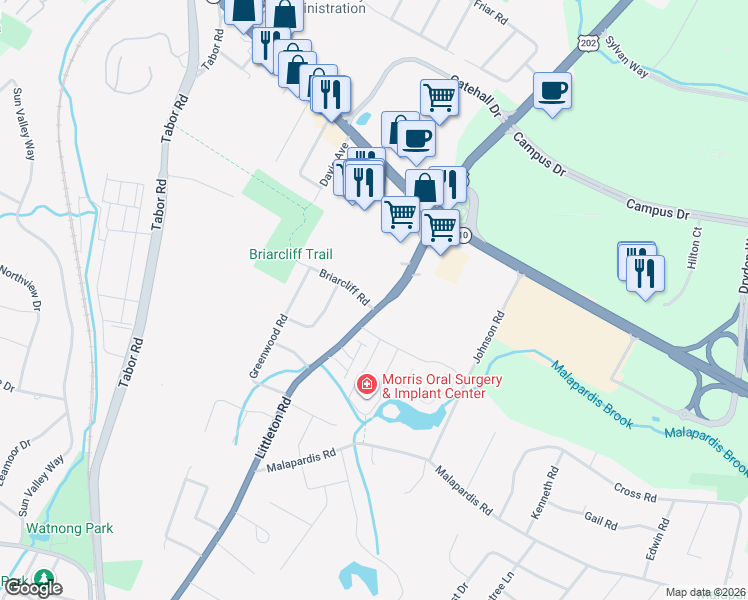 map of restaurants, bars, coffee shops, grocery stores, and more near 209 Littleton Road in Morris Plains