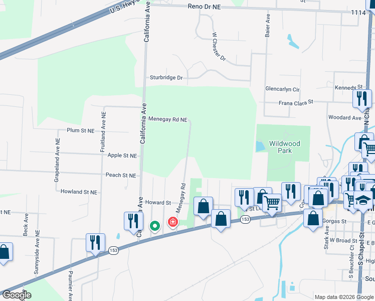 map of restaurants, bars, coffee shops, grocery stores, and more near 4625 Menegay Road in Louisville