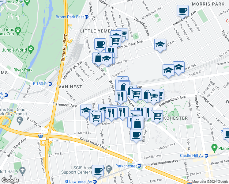map of restaurants, bars, coffee shops, grocery stores, and more near East Tremont Avenue in Bronx