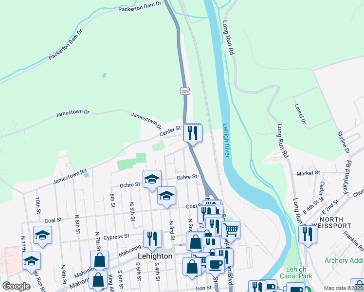 map of restaurants, bars, coffee shops, grocery stores, and more near 116 Carbon Street in Lehighton