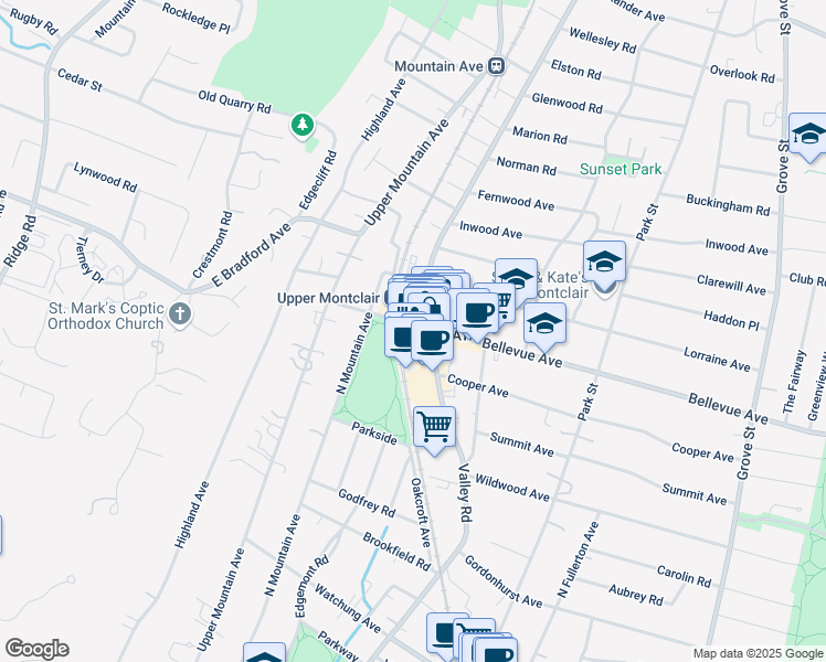 map of restaurants, bars, coffee shops, grocery stores, and more near in Montclair