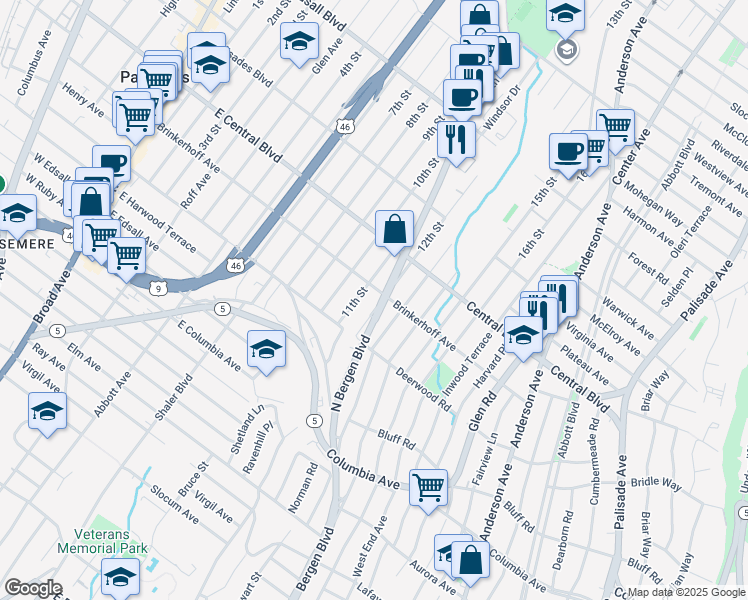 map of restaurants, bars, coffee shops, grocery stores, and more near 221 12th Street in Palisades Park