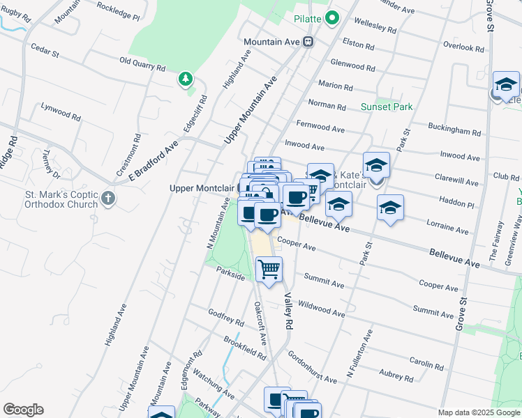 map of restaurants, bars, coffee shops, grocery stores, and more near 242 Bellevue Avenue in Montclair