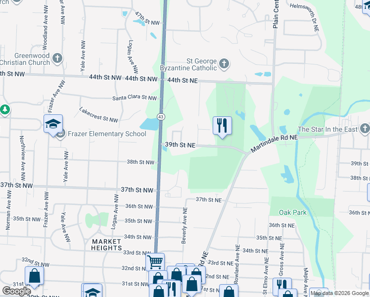 map of restaurants, bars, coffee shops, grocery stores, and more near 808 39th Street Northeast in Canton