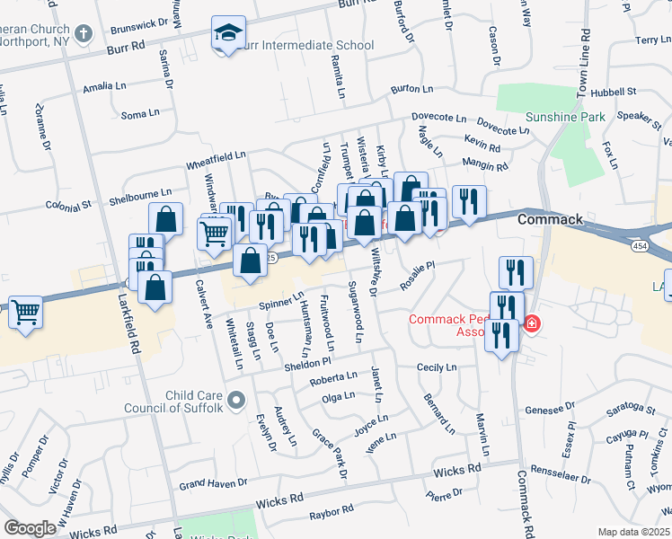 map of restaurants, bars, coffee shops, grocery stores, and more near 6 Spinner Lane in Commack