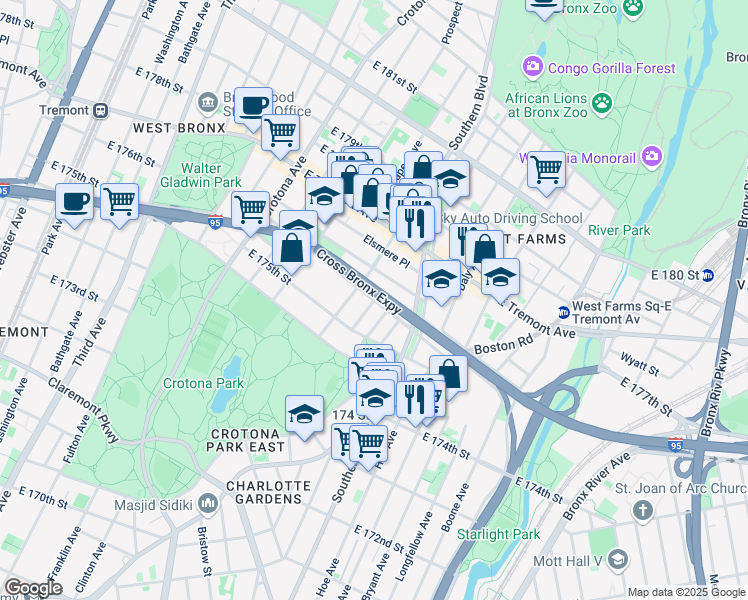map of restaurants, bars, coffee shops, grocery stores, and more near E 176th St & Mohegan Ave in Bronx