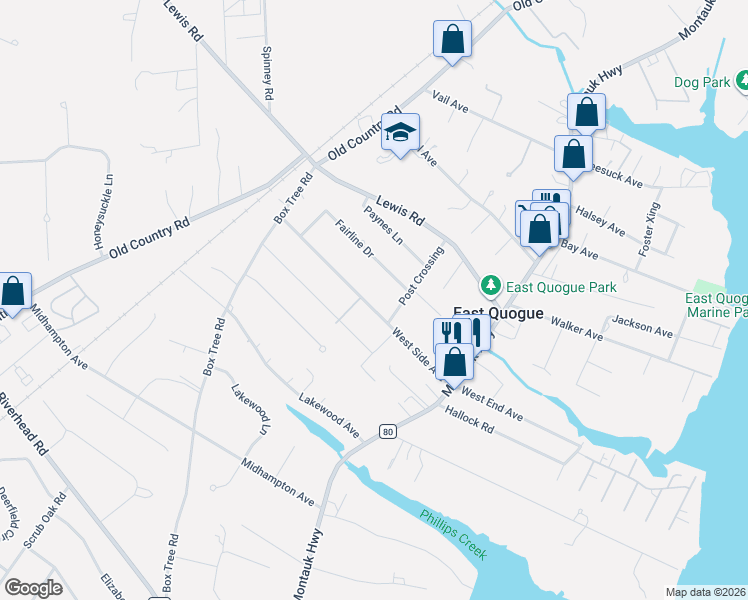 map of restaurants, bars, coffee shops, grocery stores, and more near 33 West Side Avenue in East Quogue