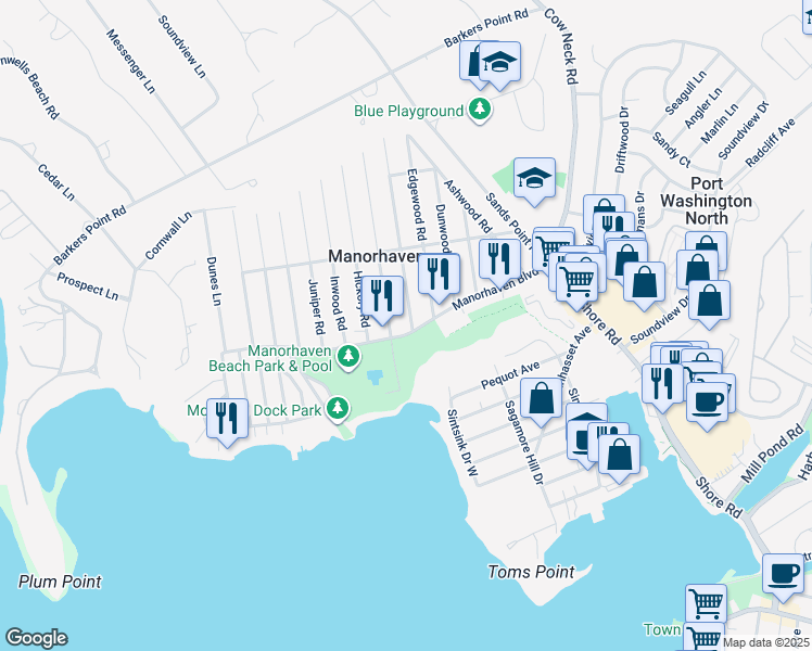 map of restaurants, bars, coffee shops, grocery stores, and more near 1 Firwood Road in Port Washington