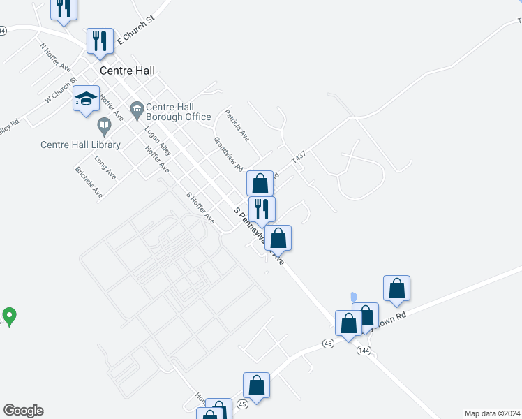 map of restaurants, bars, coffee shops, grocery stores, and more near 110 Allison Street in Centre Hall