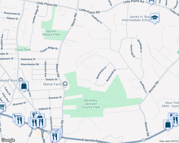map of restaurants, bars, coffee shops, grocery stores, and more near 43 Bunkerhill Drive in Huntington