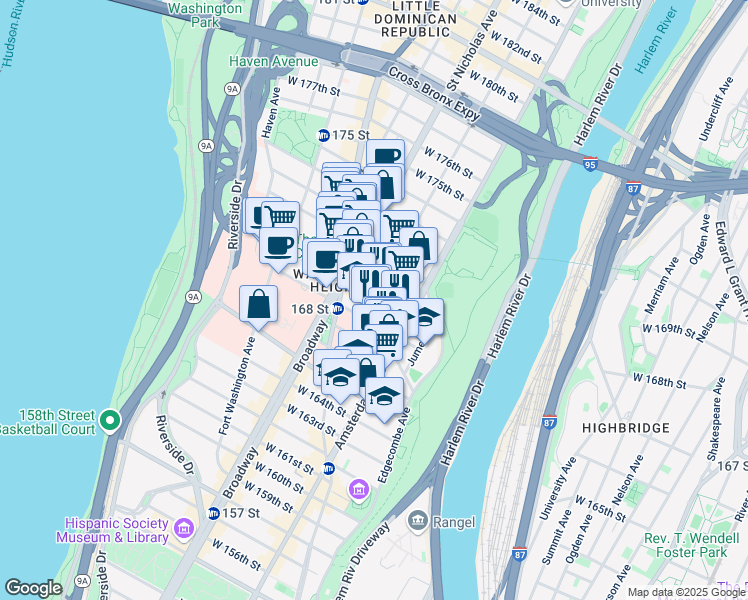 map of restaurants, bars, coffee shops, grocery stores, and more near Audubon Ave & W 169th St in New York