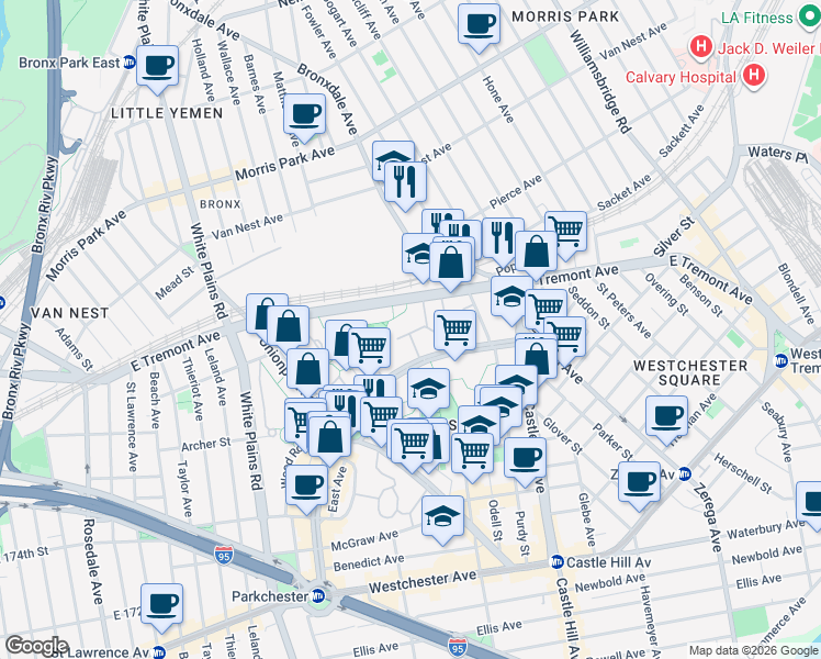 map of restaurants, bars, coffee shops, grocery stores, and more near 1507 Metropolitan Avenue in Bronx