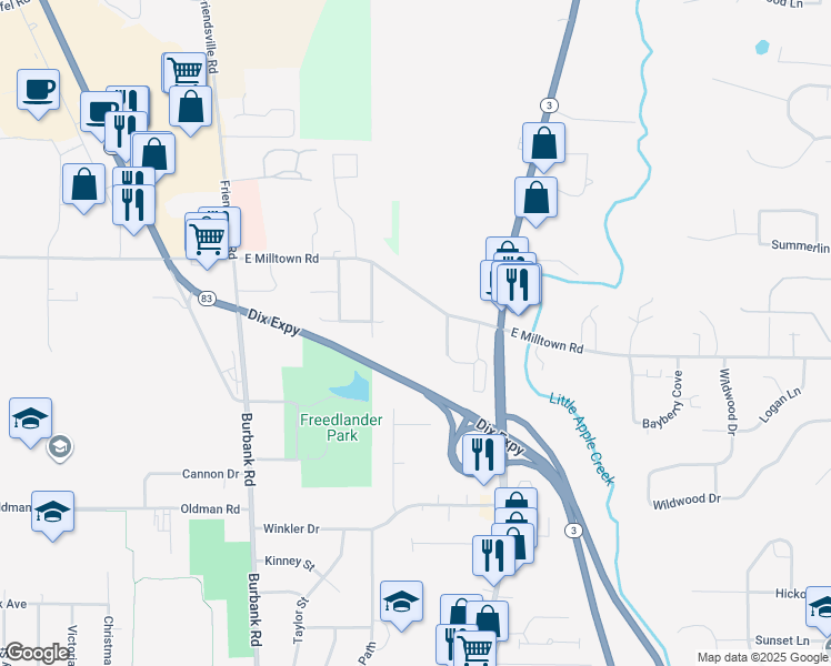 map of restaurants, bars, coffee shops, grocery stores, and more near 721 East Milltown Road in Wooster