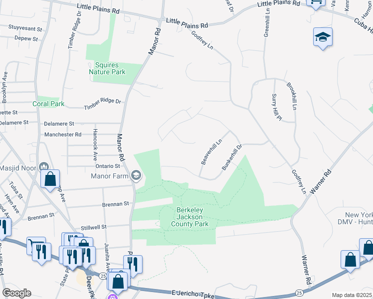 map of restaurants, bars, coffee shops, grocery stores, and more near 43 Bunkerhill Drive in Huntington