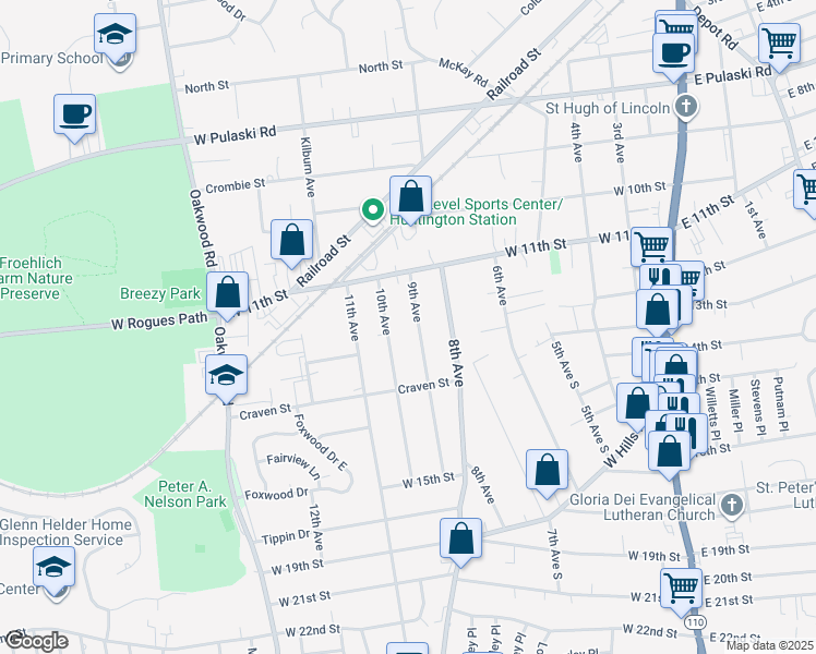 map of restaurants, bars, coffee shops, grocery stores, and more near 37 9th Avenue in Huntington Station
