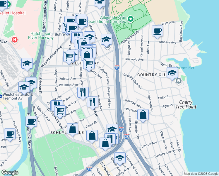 map of restaurants, bars, coffee shops, grocery stores, and more near 1369 Hollywood Avenue in Bronx