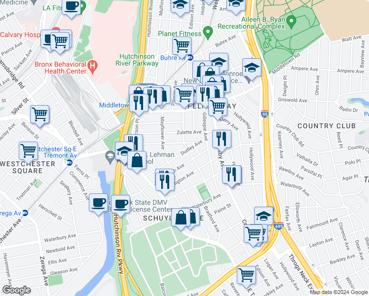 map of restaurants, bars, coffee shops, grocery stores, and more near 2886 Dudley Avenue in Bronx