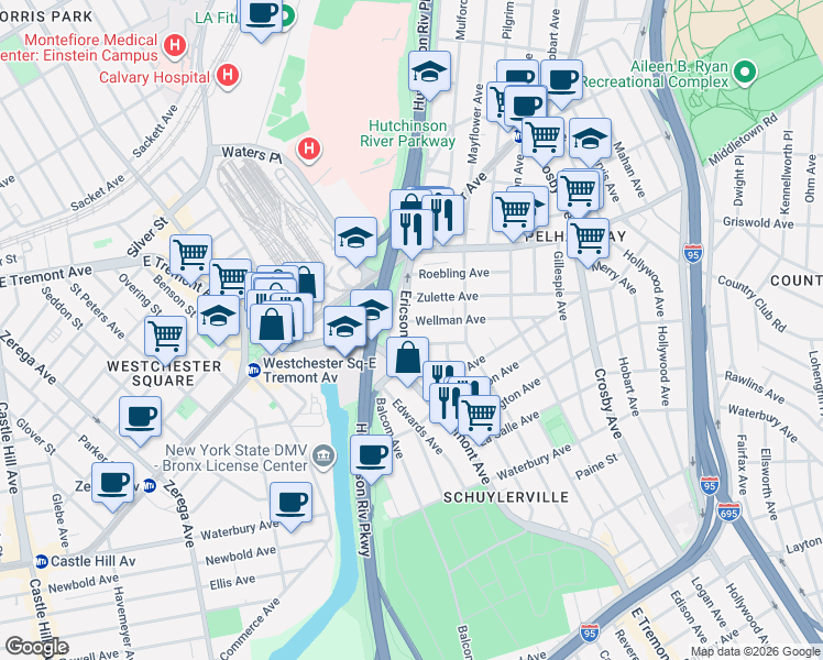 map of restaurants, bars, coffee shops, grocery stores, and more near 1500 Hutchinson River Parkway East in The Bronx