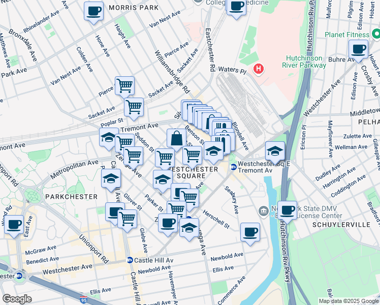 map of restaurants, bars, coffee shops, grocery stores, and more near in The Bronx