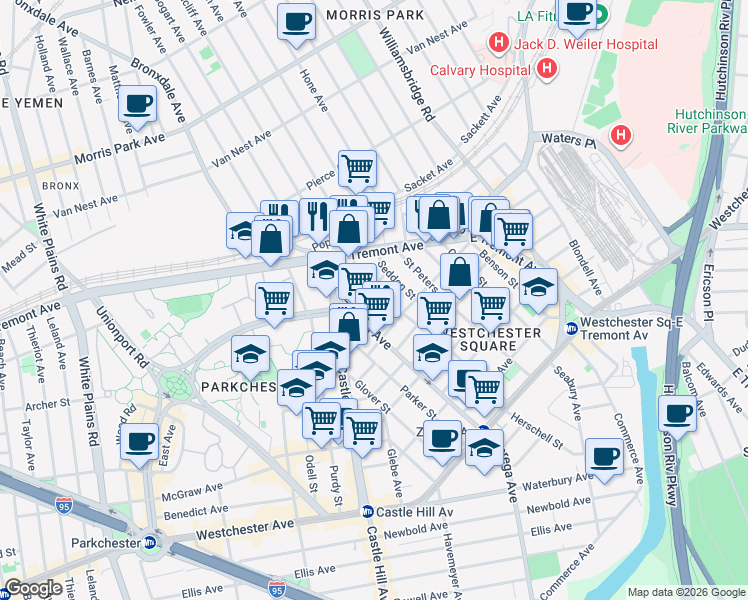 map of restaurants, bars, coffee shops, grocery stores, and more near 2418 Buck Street in Bronx