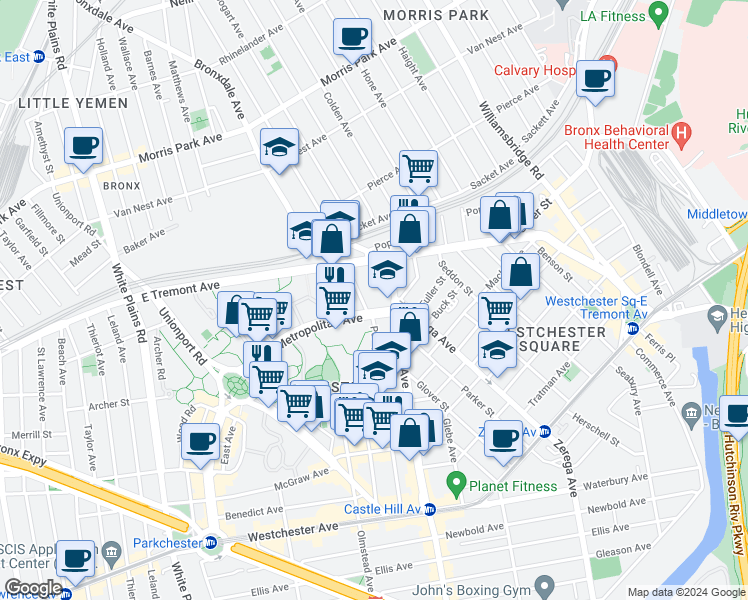 map of restaurants, bars, coffee shops, grocery stores, and more near 1700 Metropolitan Avenue in Bronx