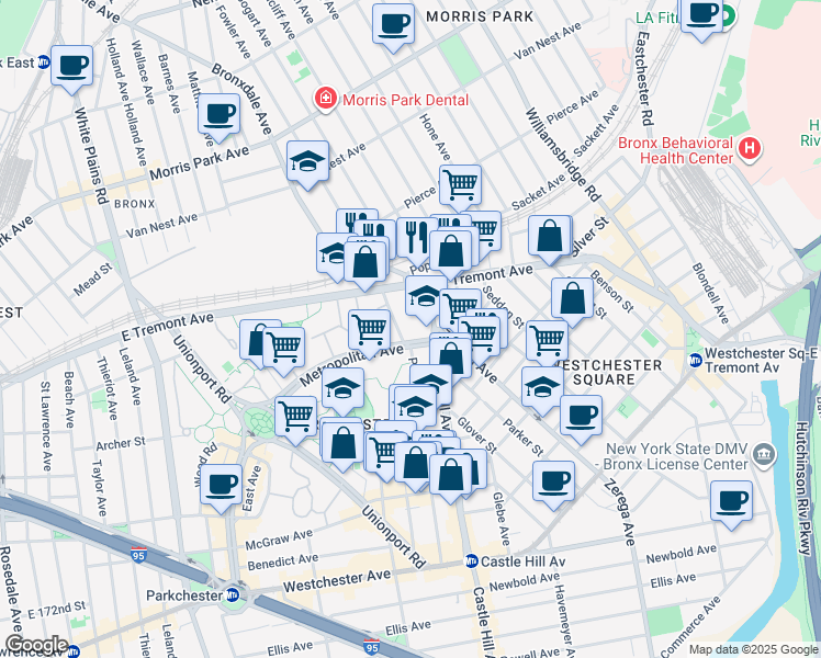 map of restaurants, bars, coffee shops, grocery stores, and more near 1700 Metropolitan Avenue in Bronx
