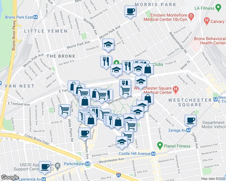 map of restaurants, bars, coffee shops, grocery stores, and more near 1507 Metropolitan Avenue in The Bronx