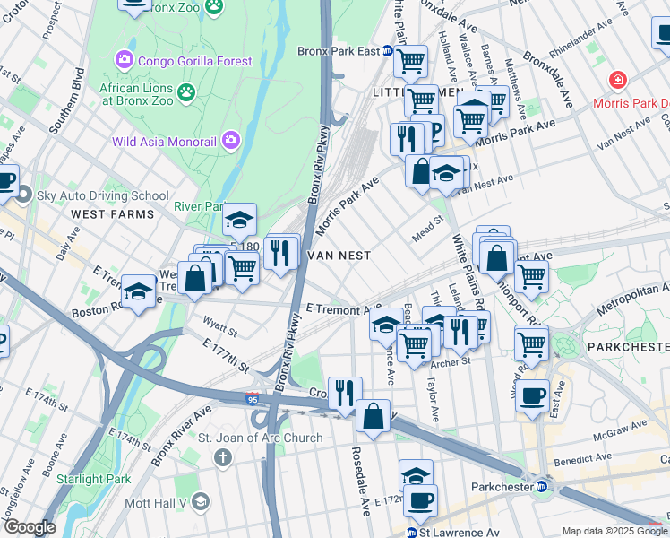 map of restaurants, bars, coffee shops, grocery stores, and more near 500 Van Nest Avenue in Bronx