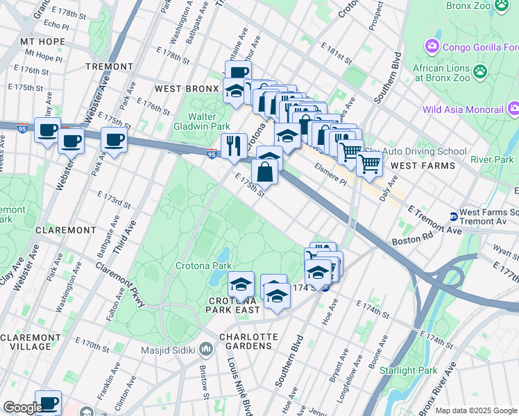 map of restaurants, bars, coffee shops, grocery stores, and more near 2 Crotona Park North in The Bronx