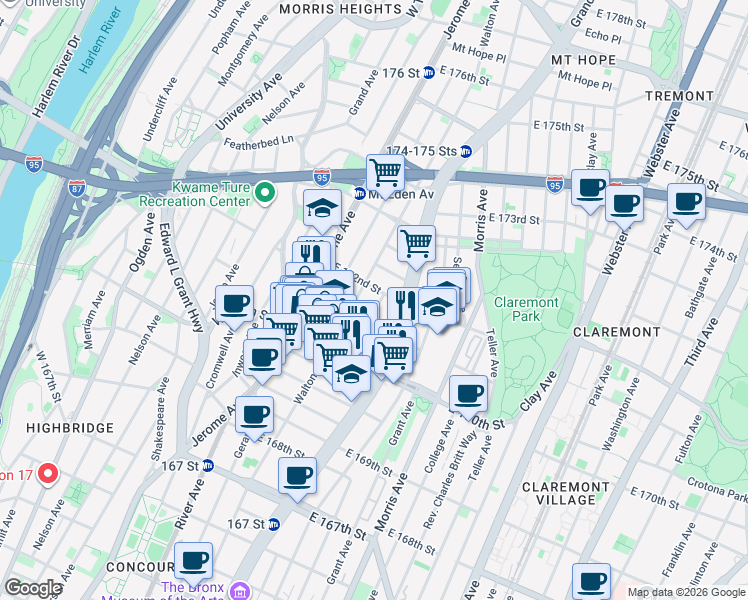 map of restaurants, bars, coffee shops, grocery stores, and more near 1485 Wythe Place in Bronx