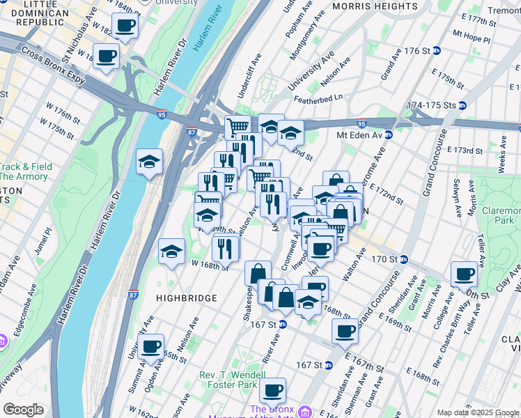 map of restaurants, bars, coffee shops, grocery stores, and more near in The Bronx
