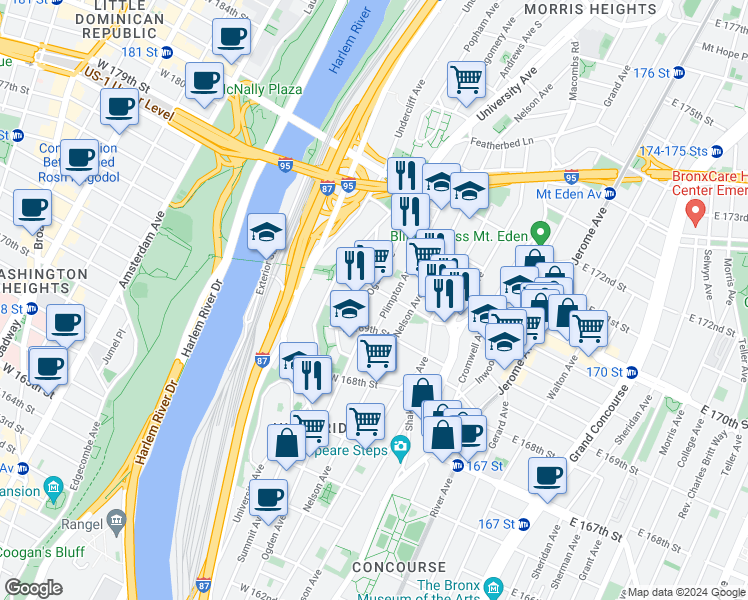 map of restaurants, bars, coffee shops, grocery stores, and more near in The Bronx