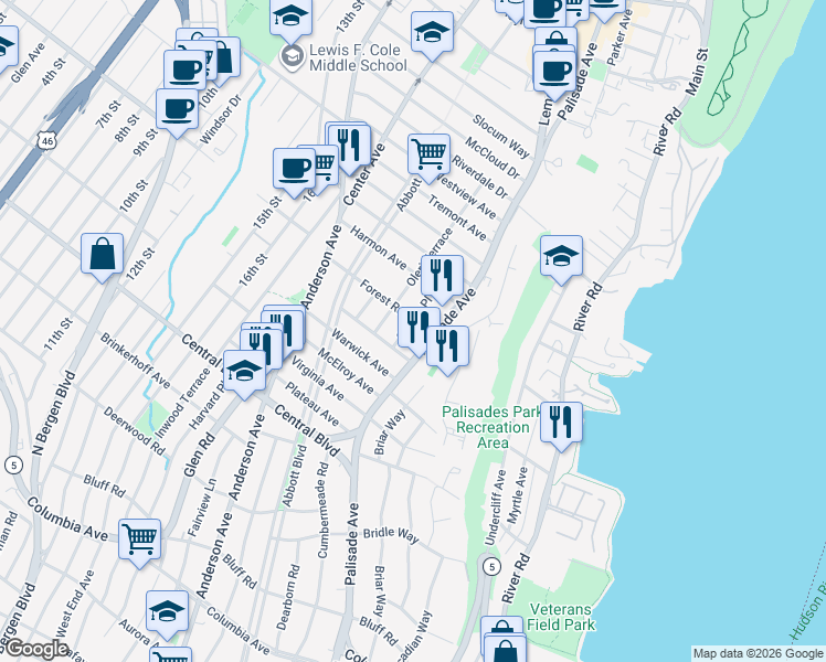 map of restaurants, bars, coffee shops, grocery stores, and more near 1311 New Jersey 67 in Fort Lee