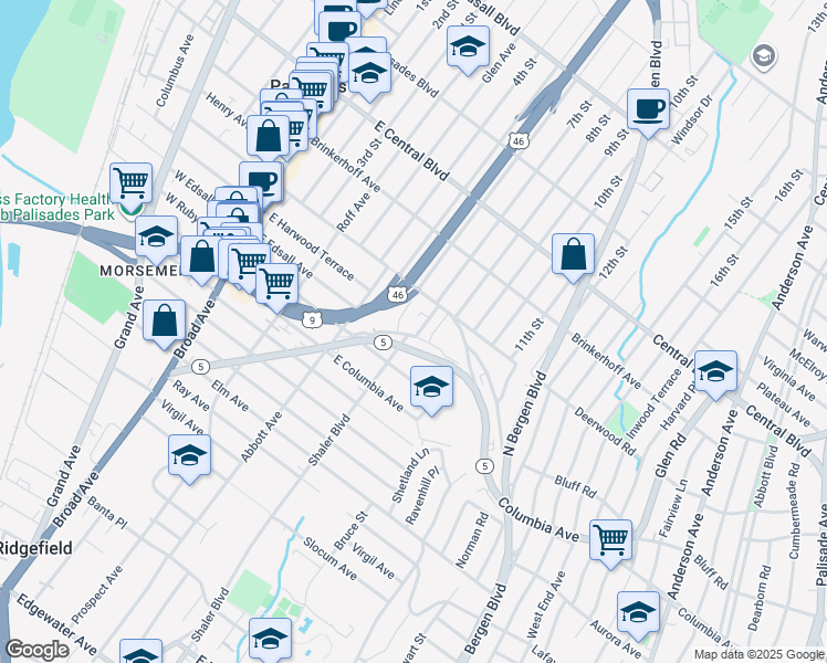 map of restaurants, bars, coffee shops, grocery stores, and more near 49B Delia Boulevard in Palisades Park