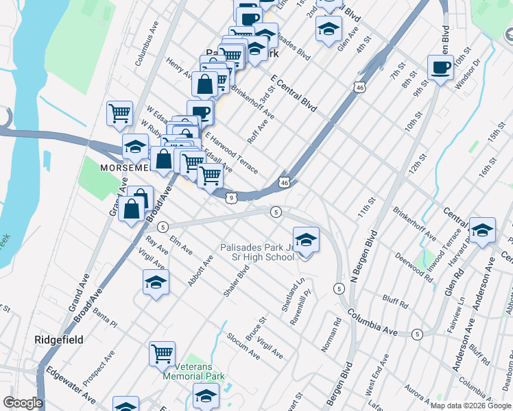 map of restaurants, bars, coffee shops, grocery stores, and more near 220 East Ruby Avenue in Palisades Park